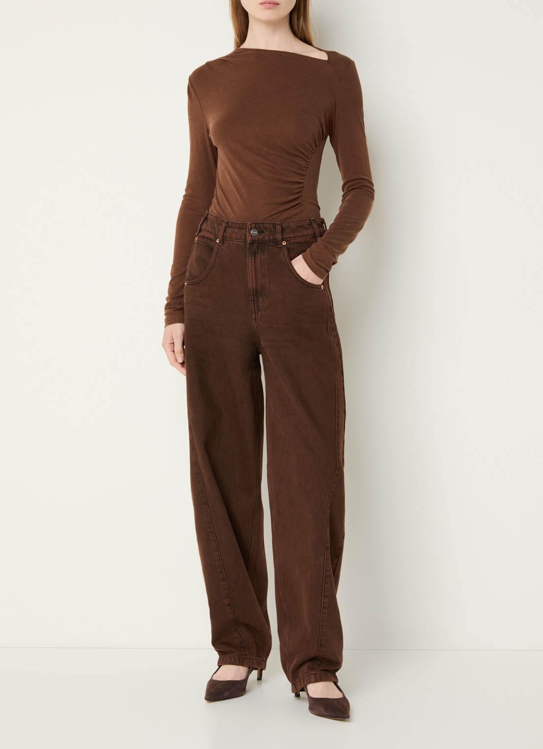 Aaiko Jalisse top in wolblend met asymmetrische hals - voorkant 4 cognac