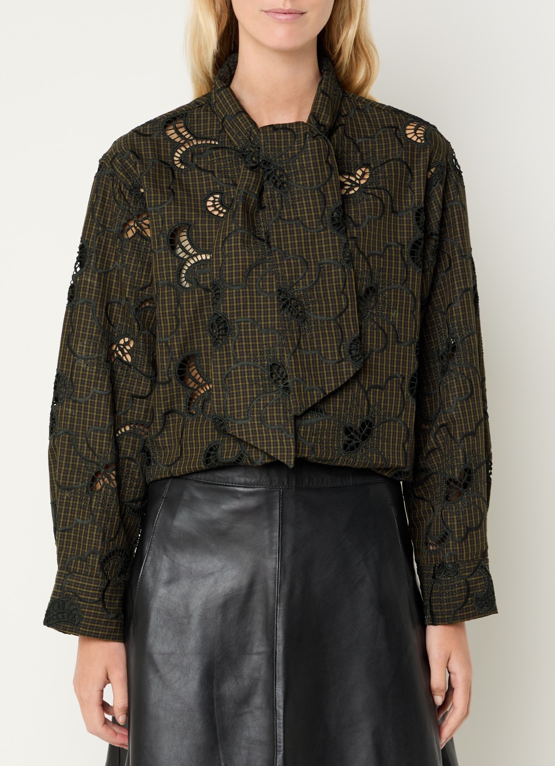 Aaiko Janesse blouse met ruitdessin en broderie  - detail 4 bruin