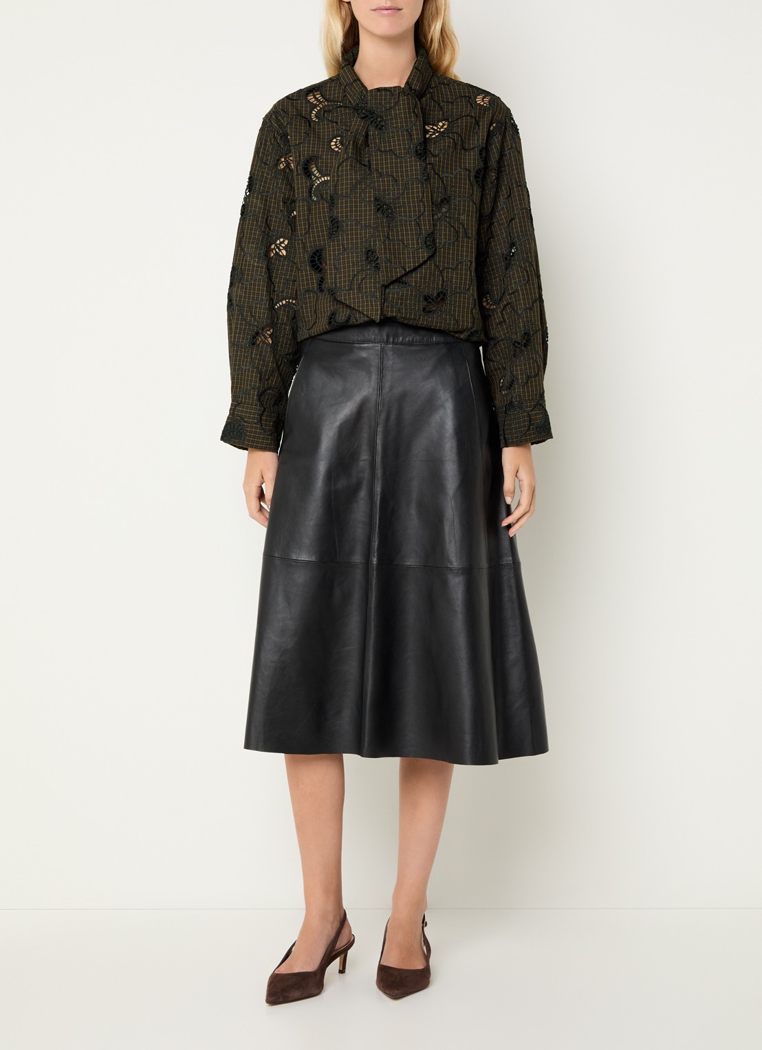 Aaiko Janesse blouse met ruitdessin en broderie  - voorkant 3 bruin