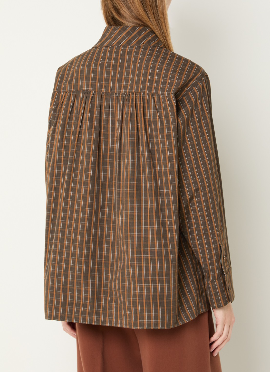 Aaiko Janesse blouse met ruitdessin en sjaalkraag - achterkant bruin