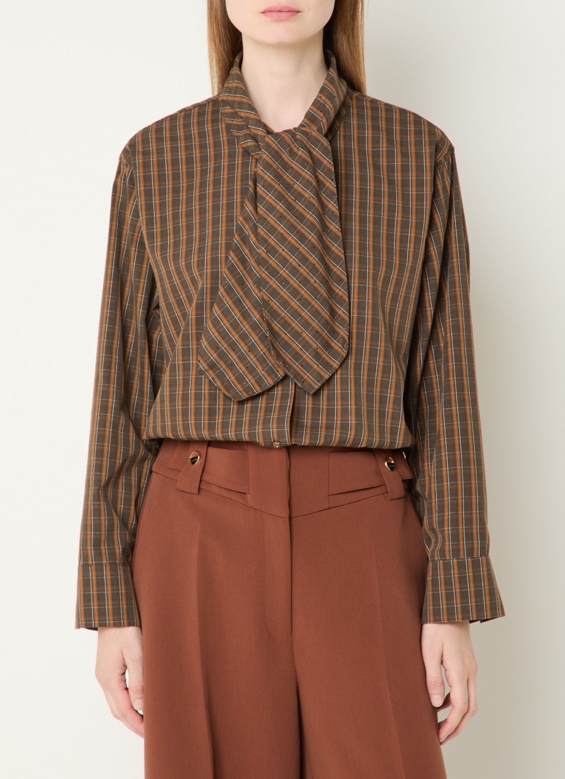 Aaiko Janesse blouse met ruitdessin en sjaalkraag - detail 4 bruin