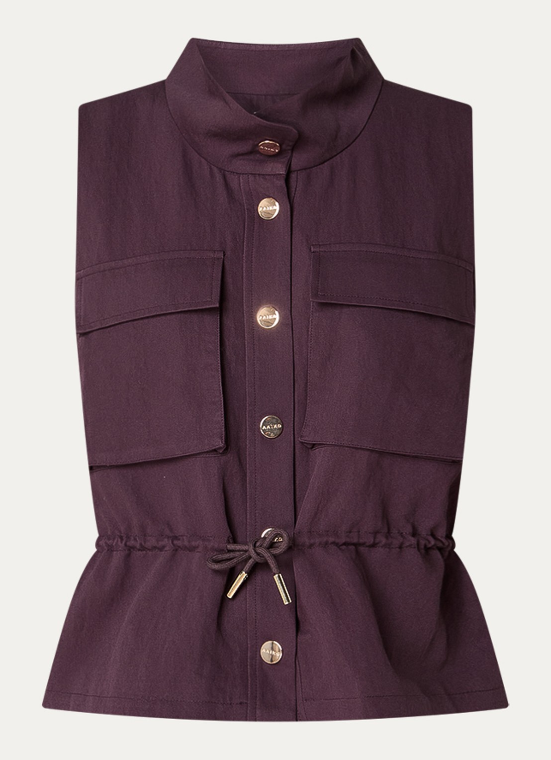 Aaiko Lena gilet met borstzakken en strikceintuur - voorkant 2 aubergine
