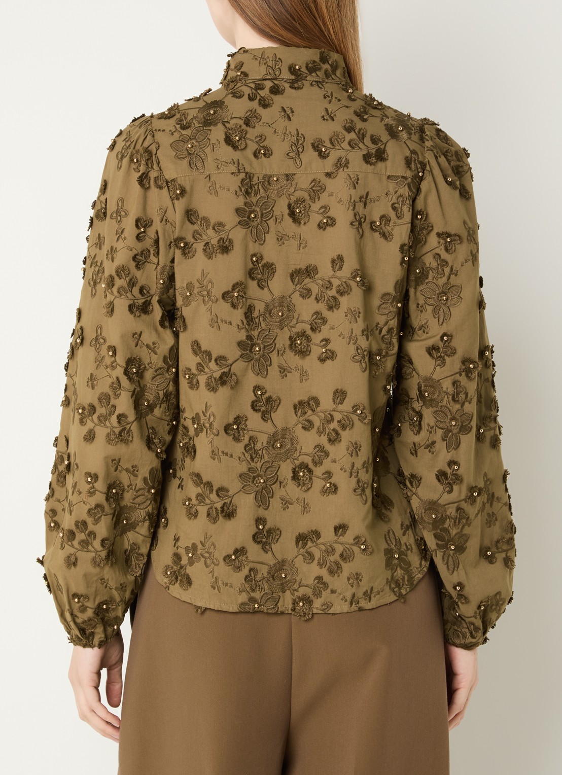 Aaiko Lien blouse met bloemborduring - achterkant 3 mosgroen