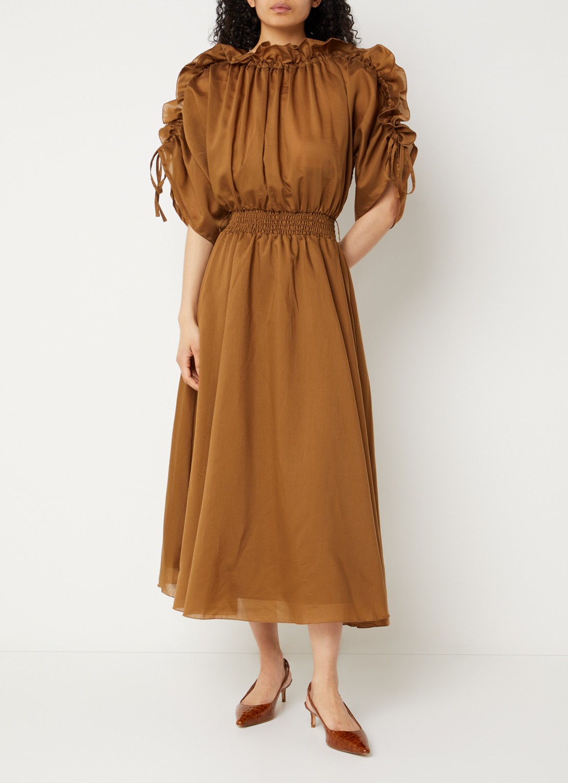 Aaiko Lily midi jurk met smockwerk - detail 4 cognac