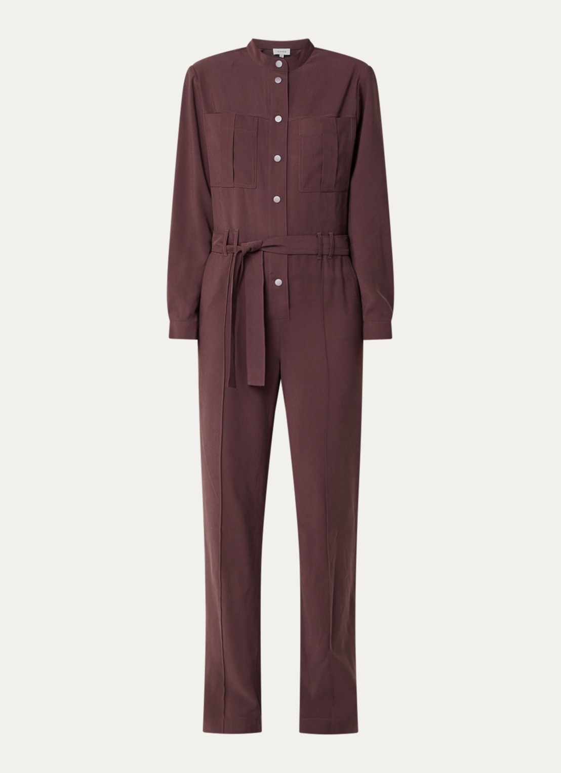 Aaiko Lise straight fit jumpsuit met strikceintuur - voorkant taupe