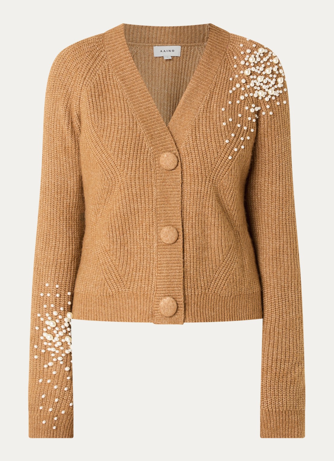 Aaiko Loric grofgebreide vest met imitatieparels - voorkant 3 camel