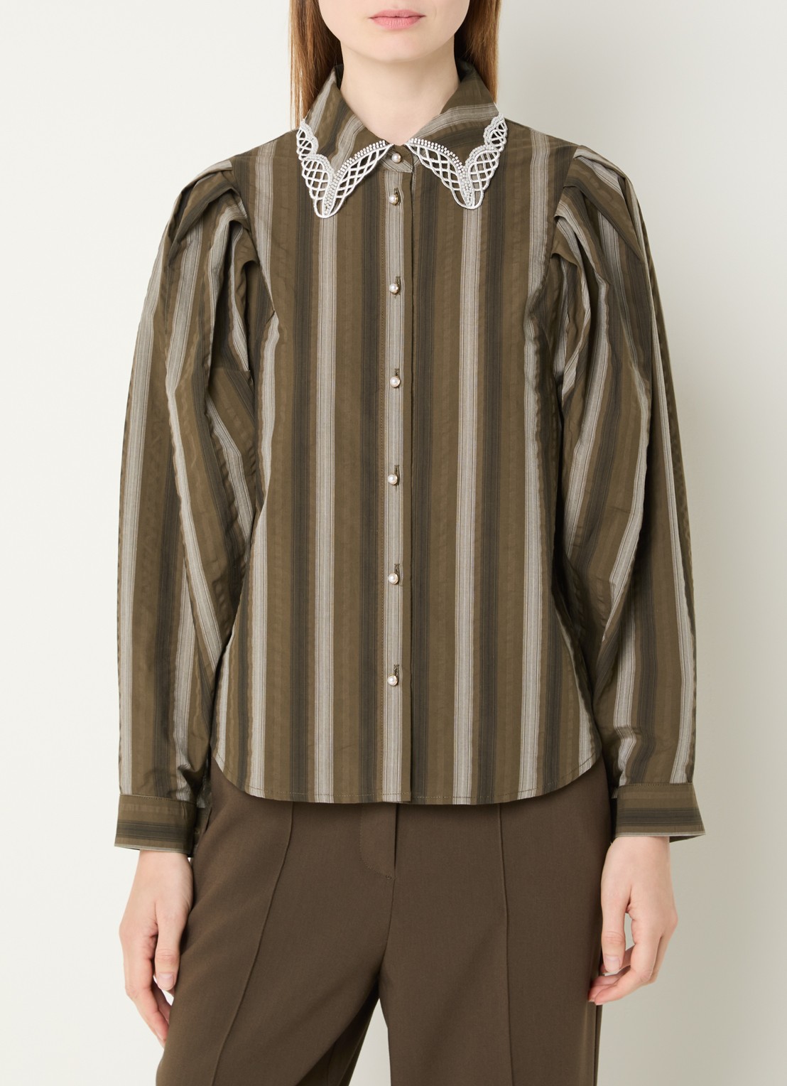 Aaiko Lorven blouse met streepprint en pofmouw - detail 3 olijfgroen