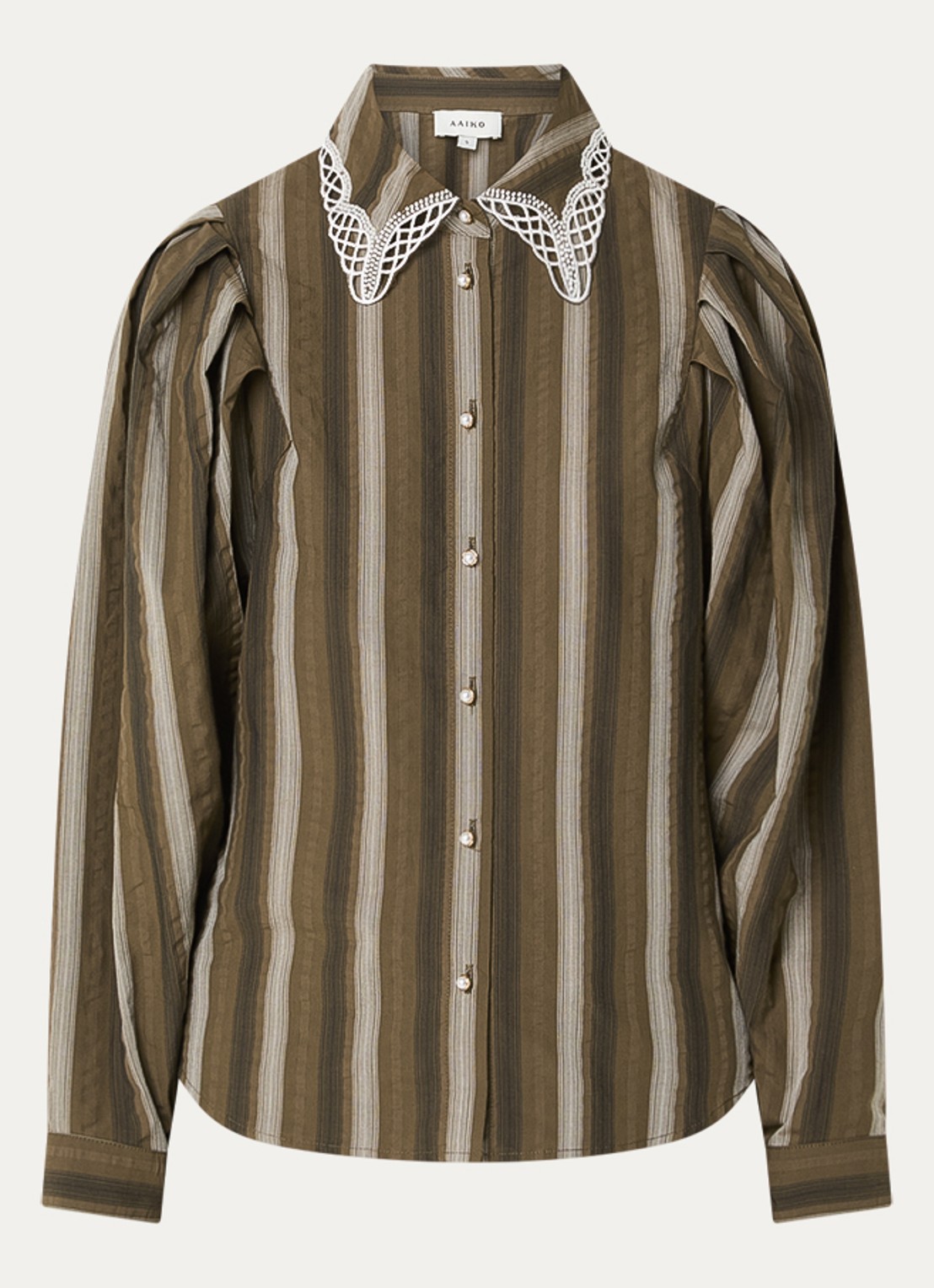 Aaiko Lorven blouse met streepprint en pofmouw - voorkant olijfgroen