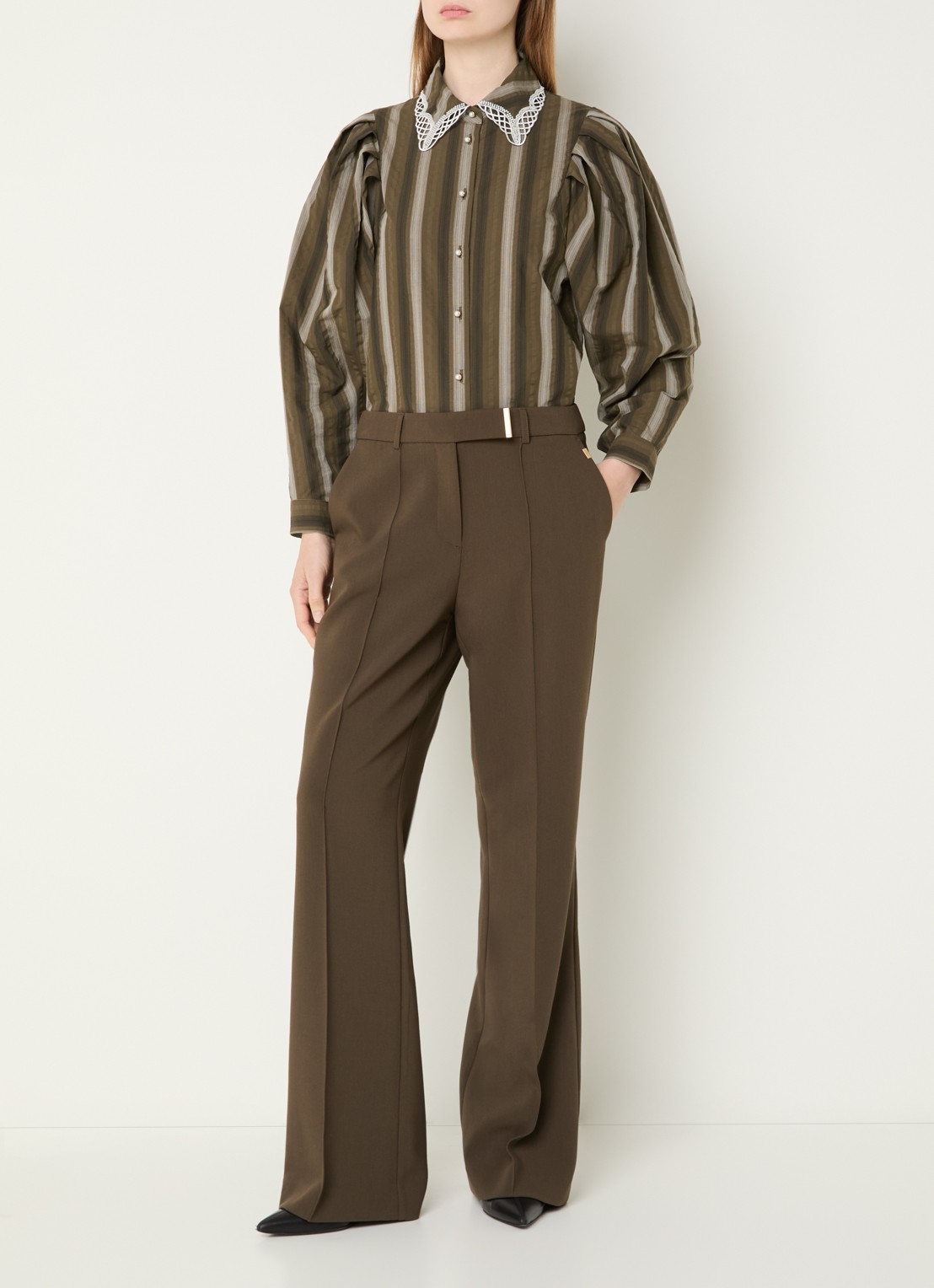 Aaiko Lorven blouse met streepprint en pofmouw - voorkant 2 olijfgroen