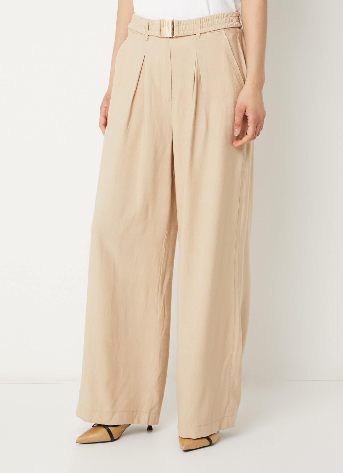 Aaiko Lotty mid waist wide fit palazzo broek met steekzakken - detail 2 donkerbeige