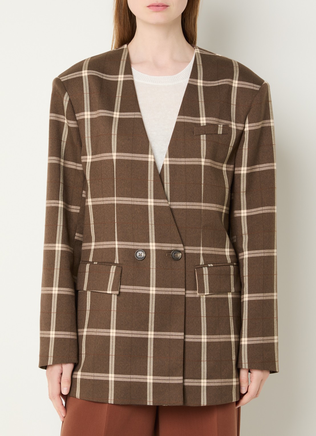 Aaiko Luray oversized double-breasted blazer met ruitdessin en klepzakken - detail bruin
