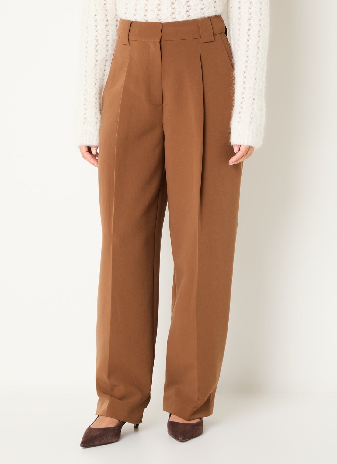 Aaiko Lynn high waist straight fit pantalon met steekzakken - detail bruin