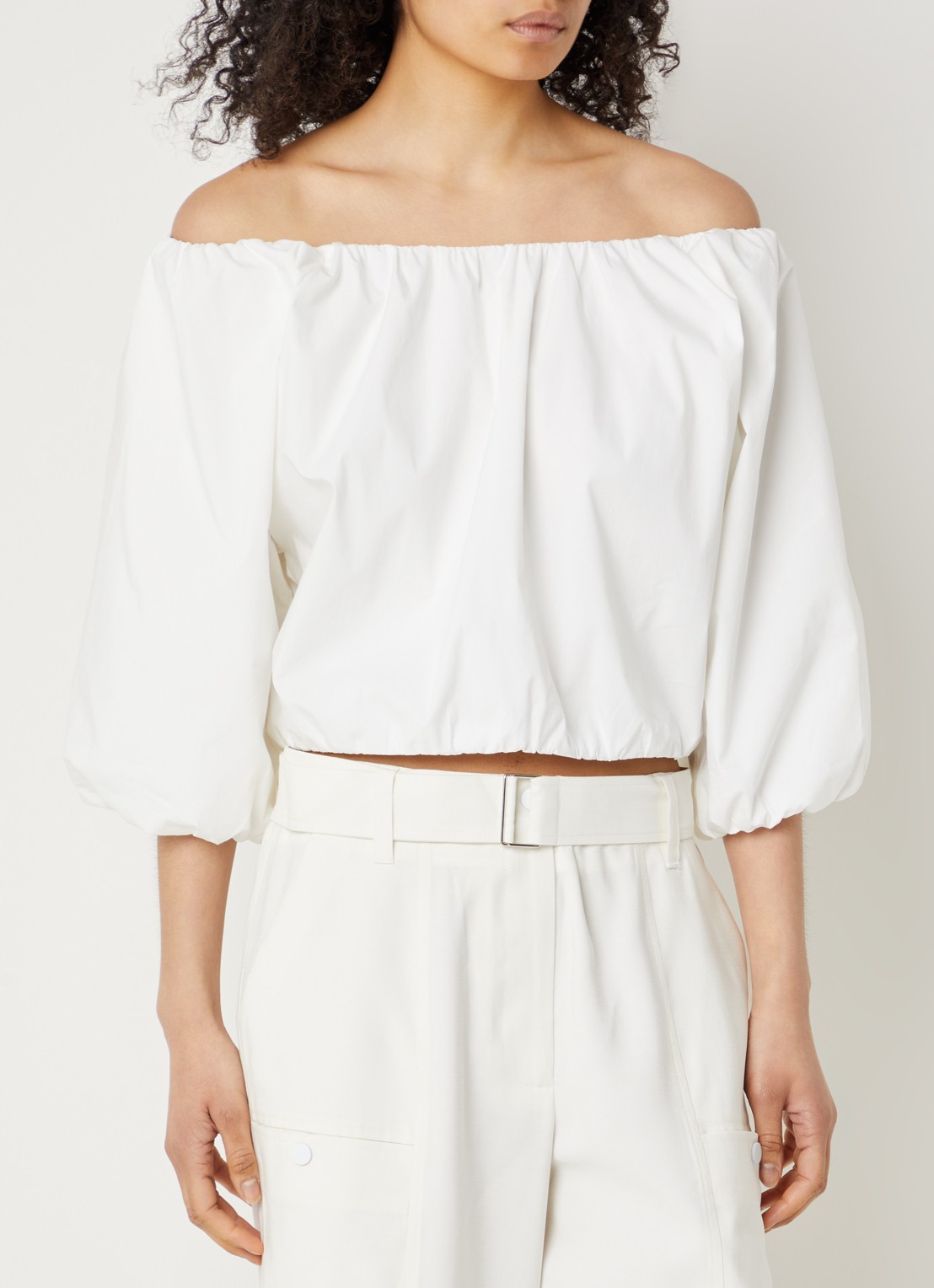 Aaiko Maddy Popline off shoulder top met pofmouw - detail 4 wit