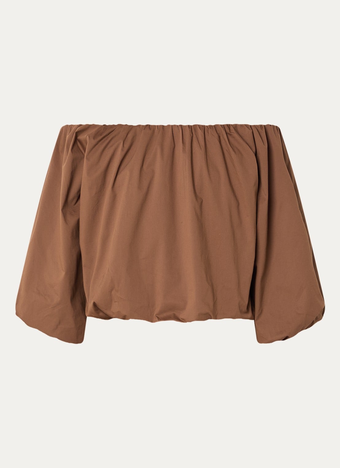 Aaiko Maddy Popline off shoulder top met pofmouw - voorkant 3 hazelnootbruin
