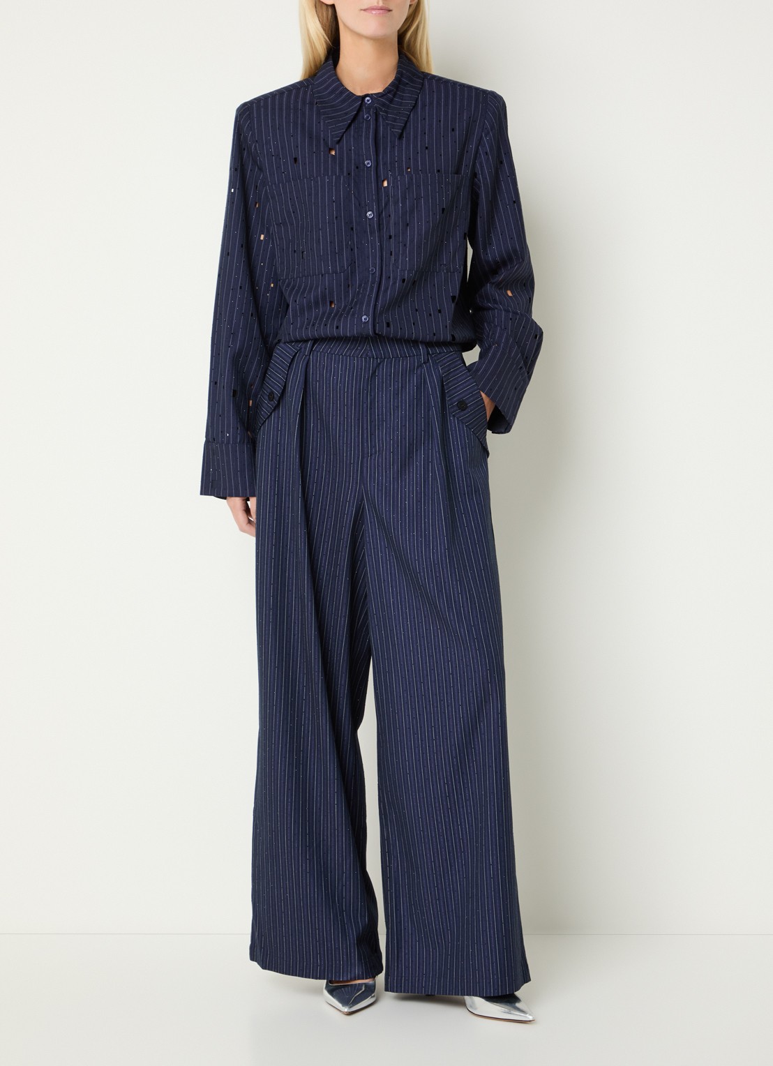 Aaiko Mirari high waist wide fit pantalon met strass - voorkant 3 donkerblauw