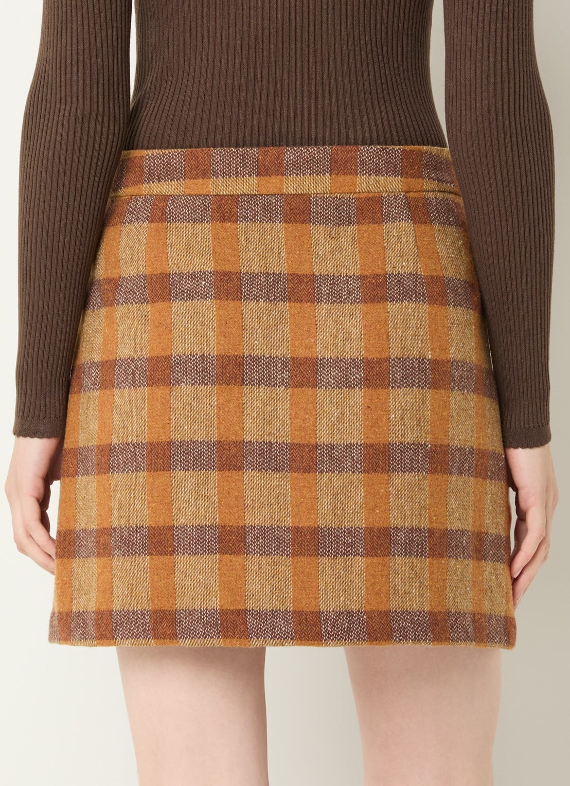 Aaiko Nasla minirok in wolblend met ruitdessin - achterkant cognac