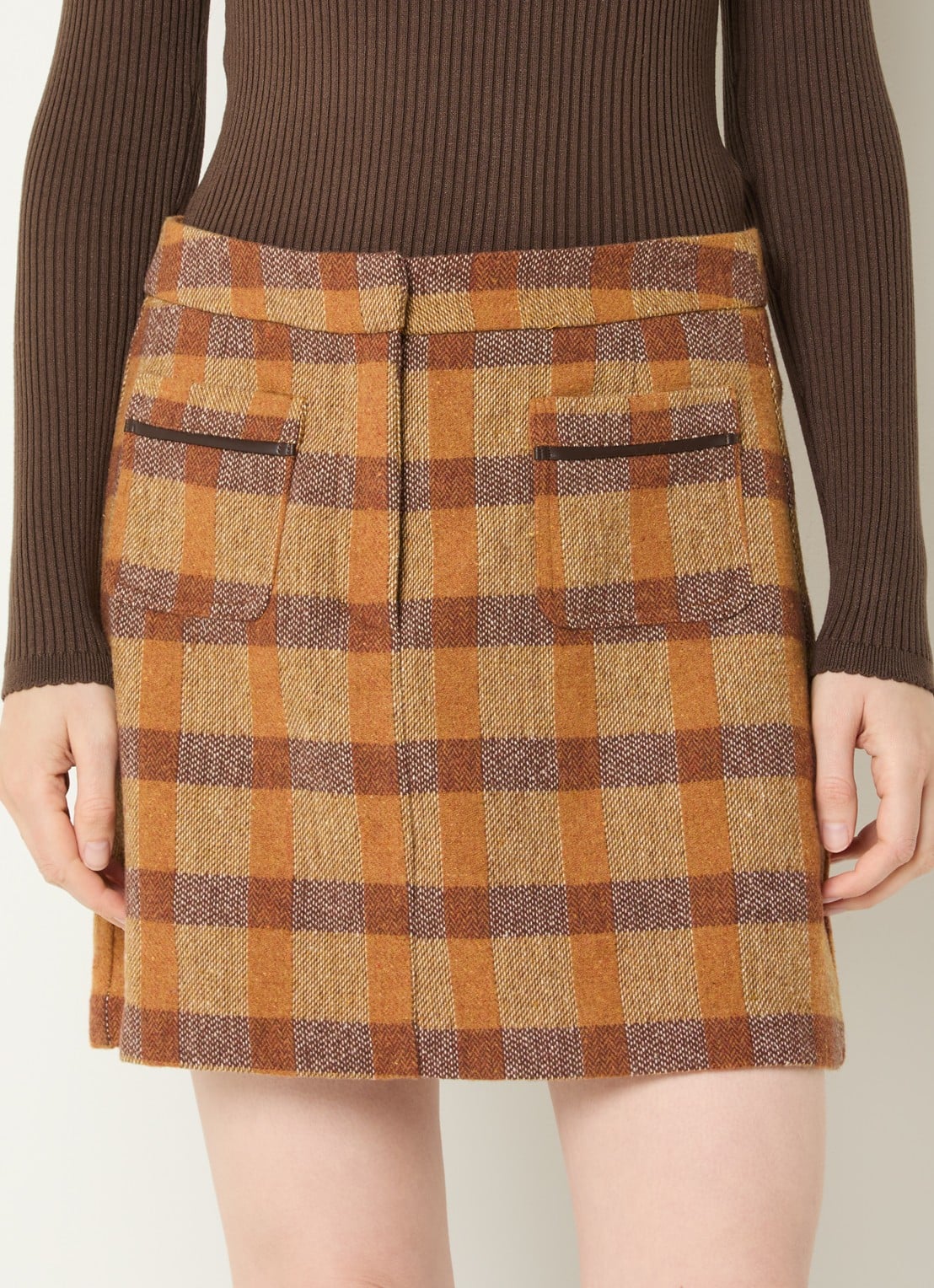 Aaiko Nasla minirok in wolblend met ruitdessin - detail 2 cognac