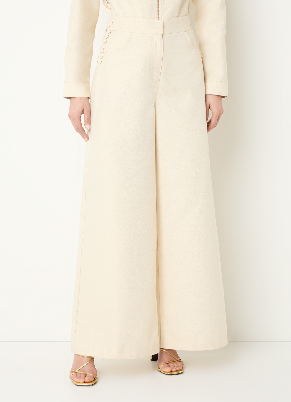 Aaiko Nore high waist wide fit broek met lurex - detail 4 gebroken wit