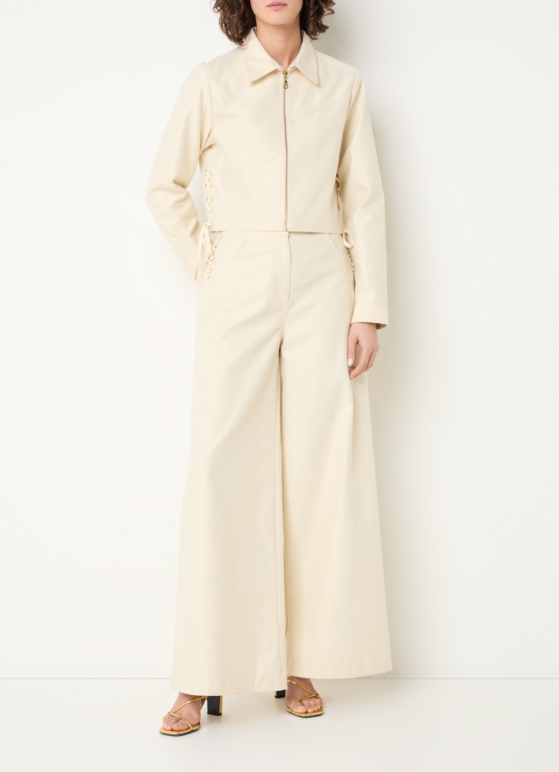 Aaiko Nore high waist wide fit broek met lurex - voorkant 2 gebroken wit