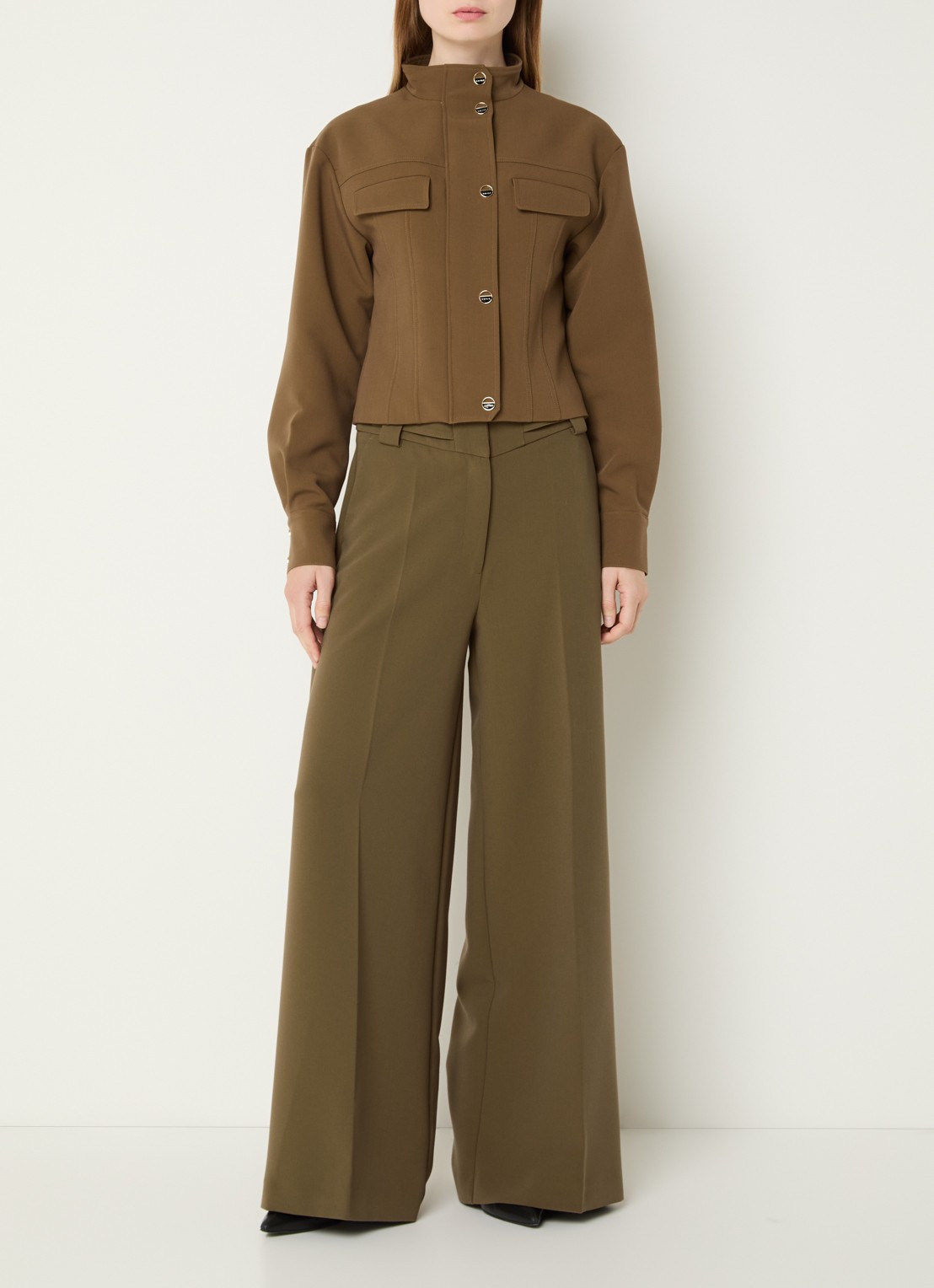 Aaiko Nore high waist wide fit pantalon met steekzakken - voorkant 3 olijfgroen