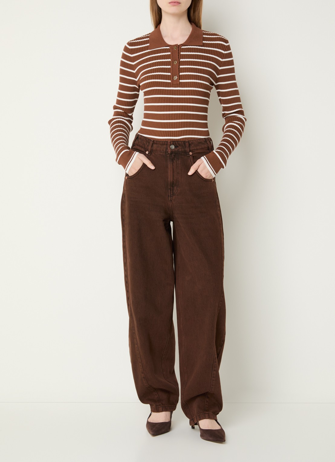 Aaiko Olin ribgebreide trui met streepprint - voorkant 4 cognac