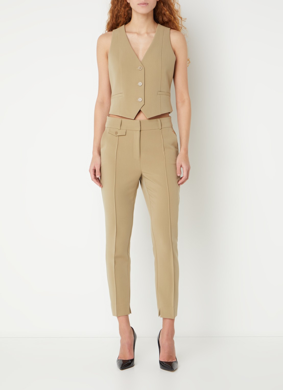 Aaiko Parene high waist tapered fit cropped pantalon met steekzakken  - voorkant 4 khaki