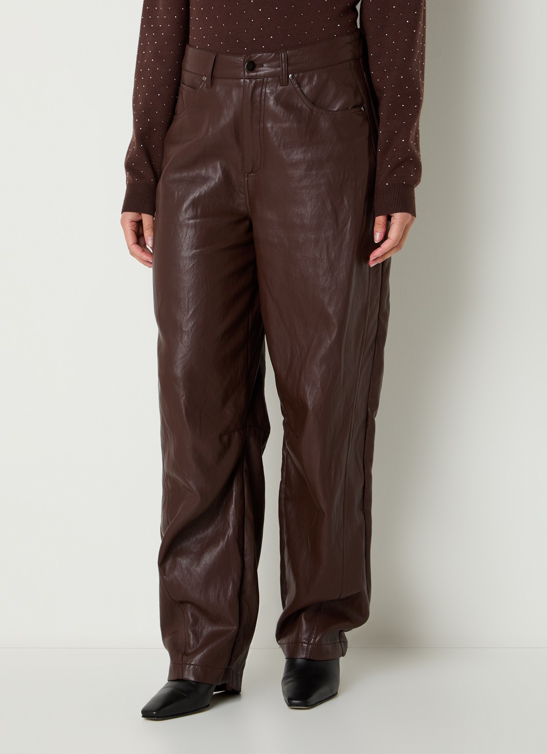 Aaiko Quin high waist balloon fit broek van imitatieleer - detail 4 donkerbruin