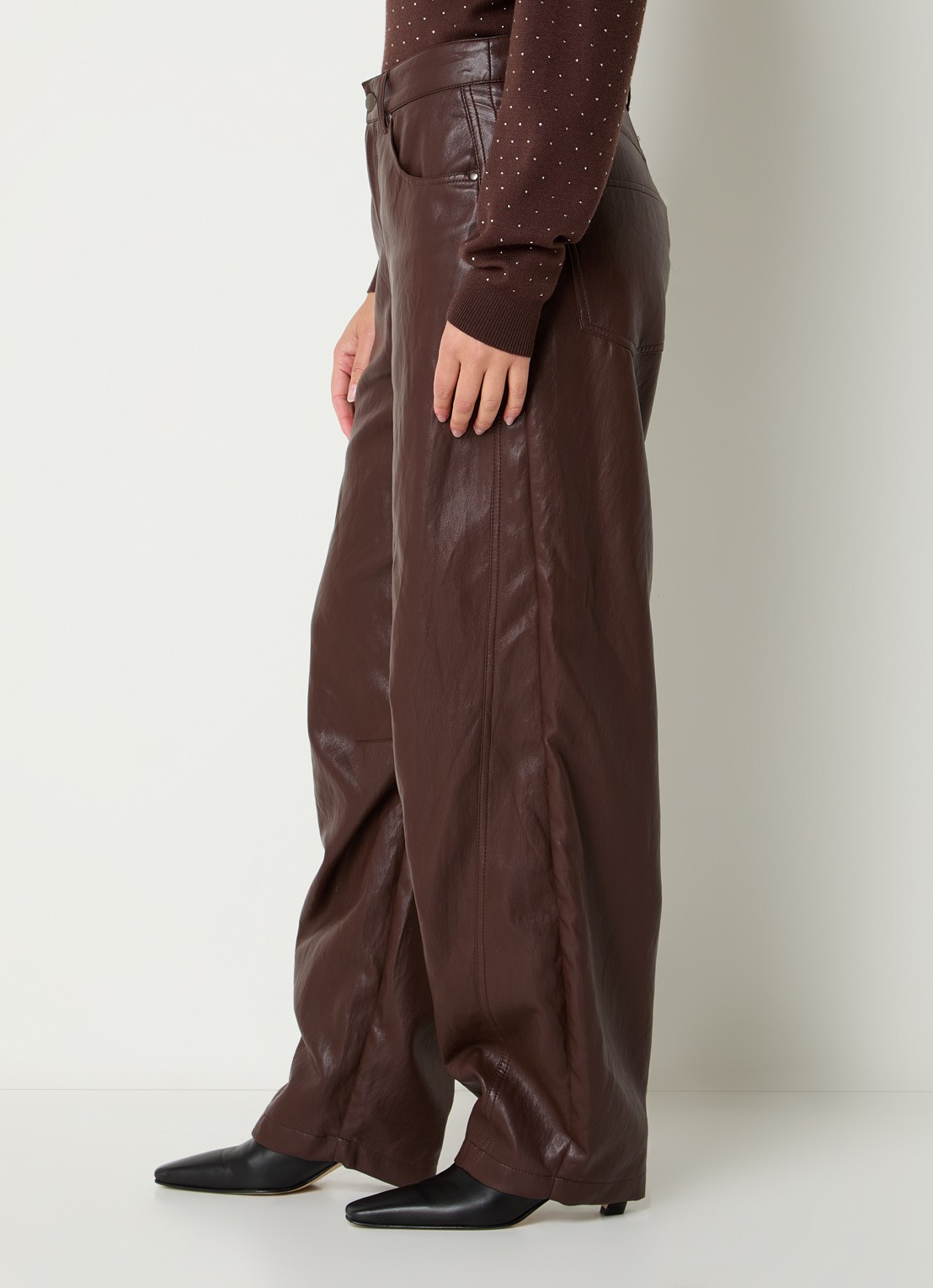 Aaiko Quin high waist balloon fit broek van imitatieleer - detail 5 donkerbruin