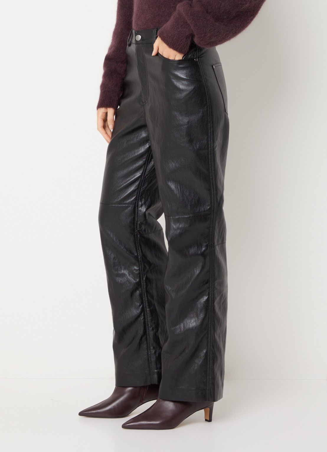 Aaiko Rianne high waist loose fit broek van imitatieleer - detail 4 zwart