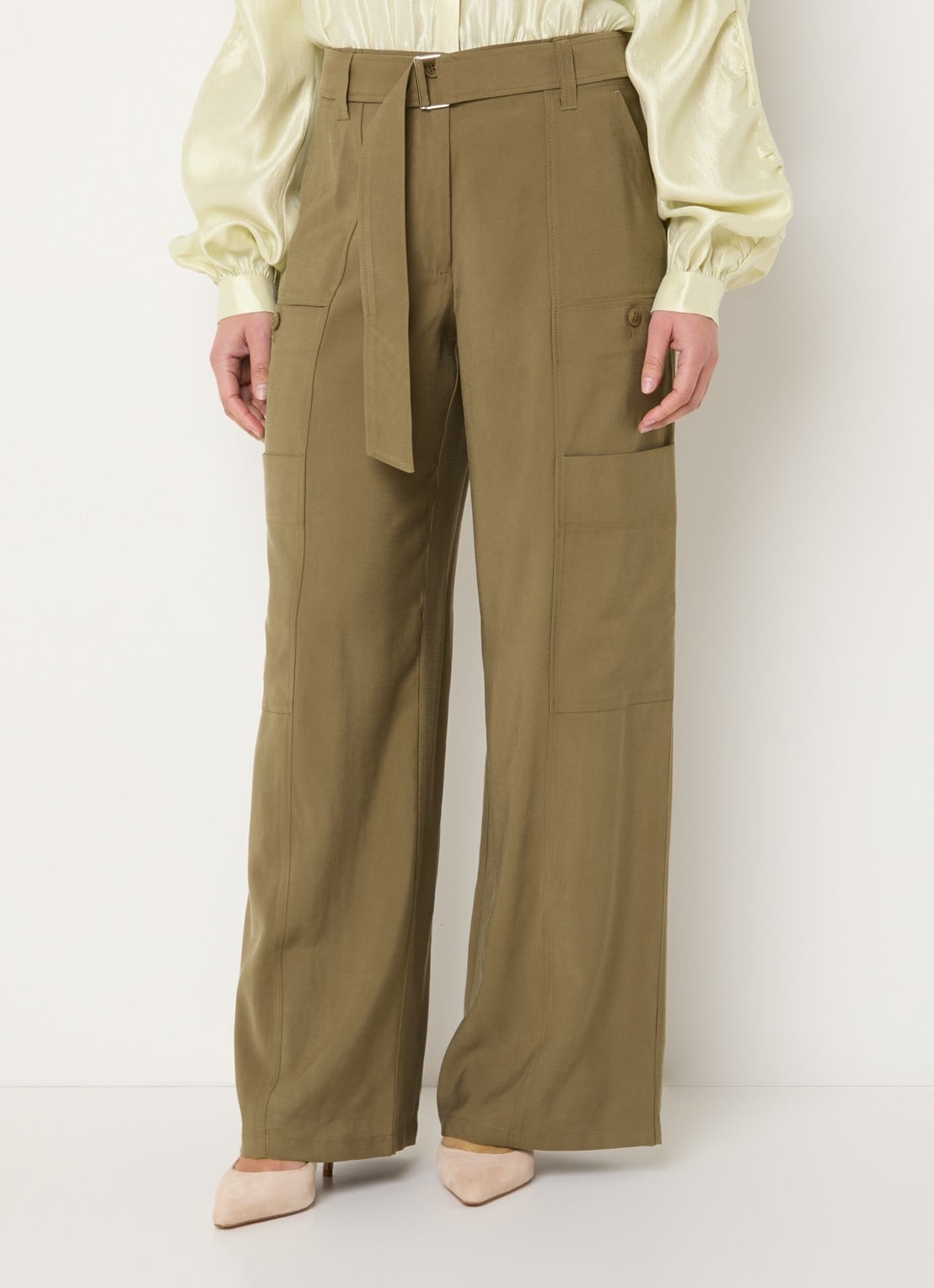 Aaiko River high waist wide fit pantalon met ceintuur - detail donkergroen