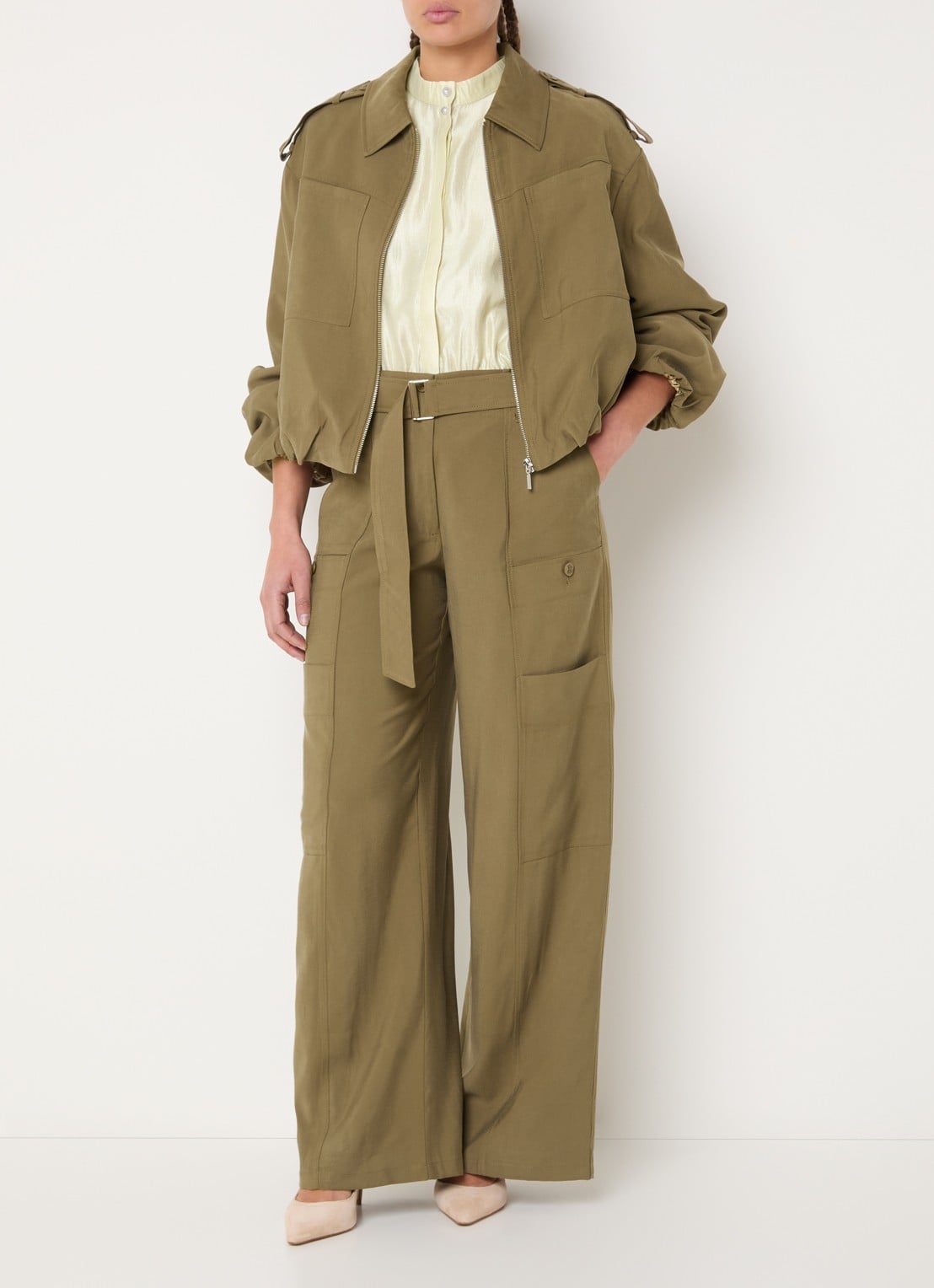 Aaiko River high waist wide fit pantalon met ceintuur - voorkant 3 donkergroen