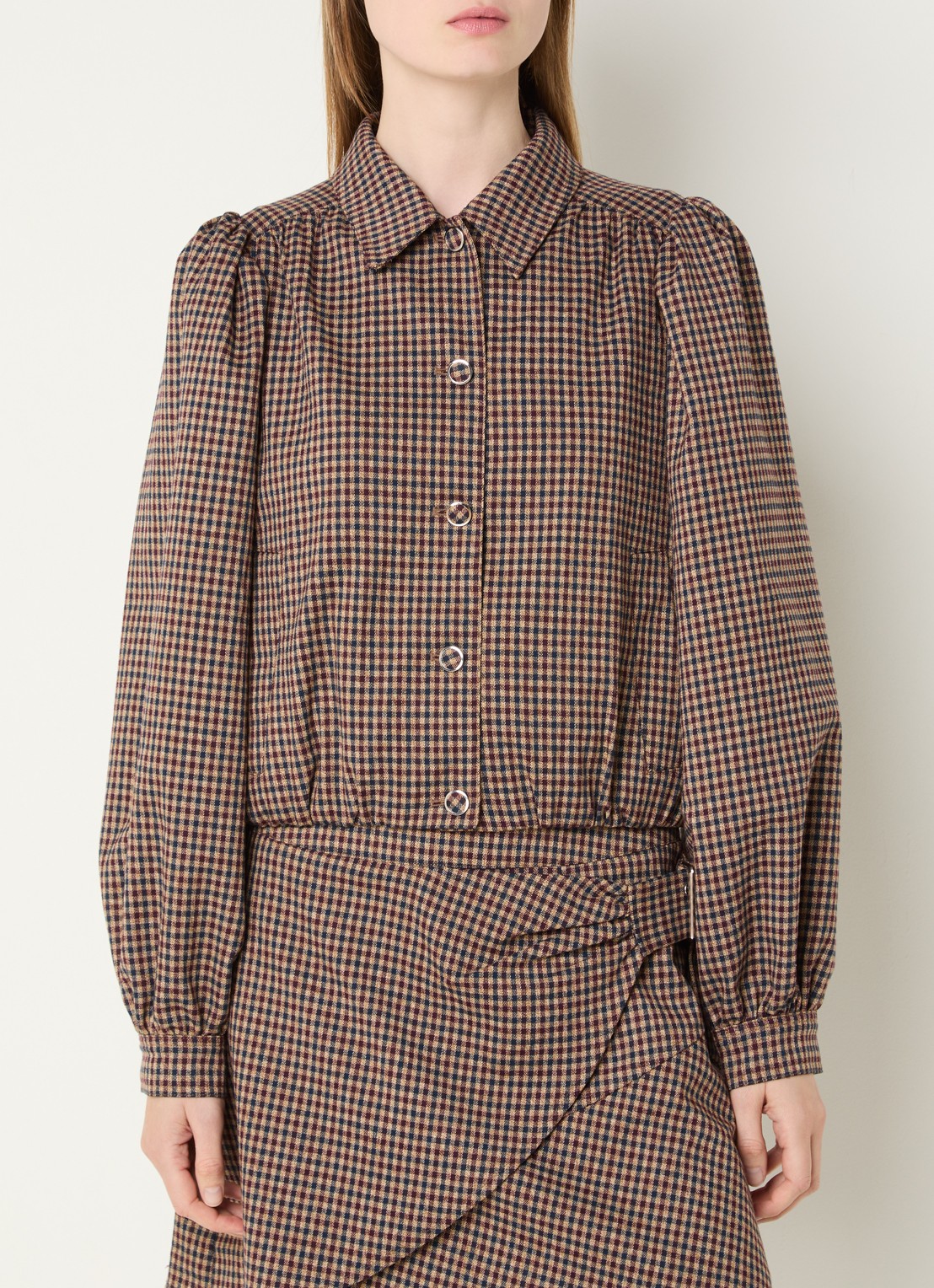 Aaiko Sandy cropped jack met ruitdessin en pofmouw - detail 4 lichtbruin