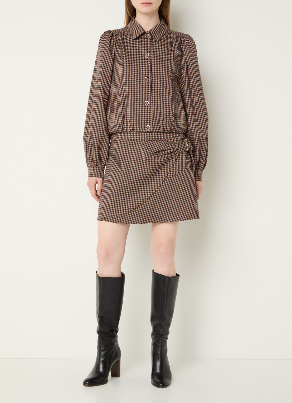 Aaiko Sandy cropped jack met ruitdessin en pofmouw - voorkant 3 lichtbruin