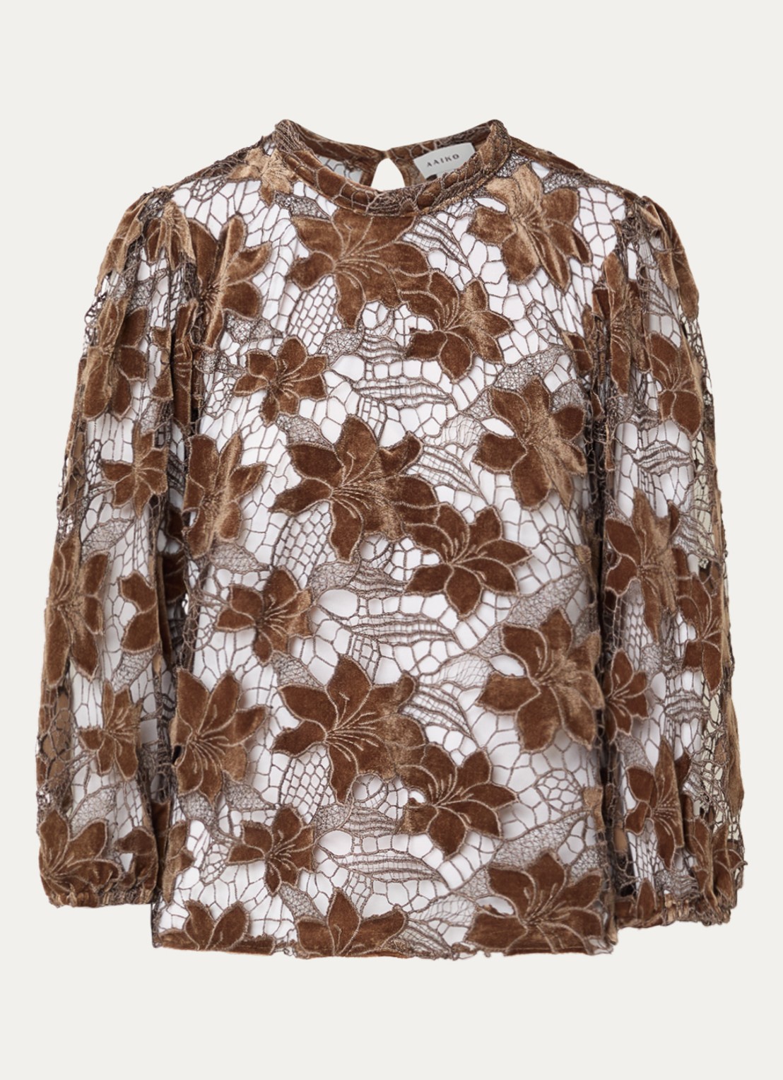 Aaiko Shaila semi-transparante top met opengewerkt dessin - voorkant 2 donkerbeige