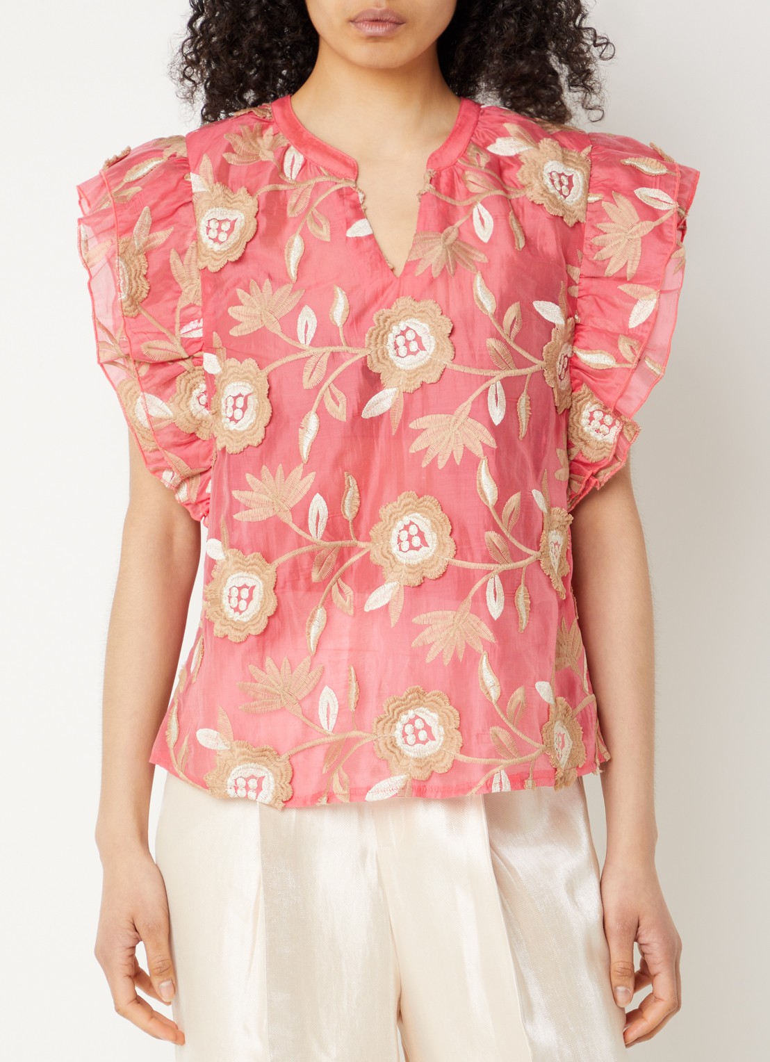 Aaiko Yaella top met borduring - detail 4 koraal