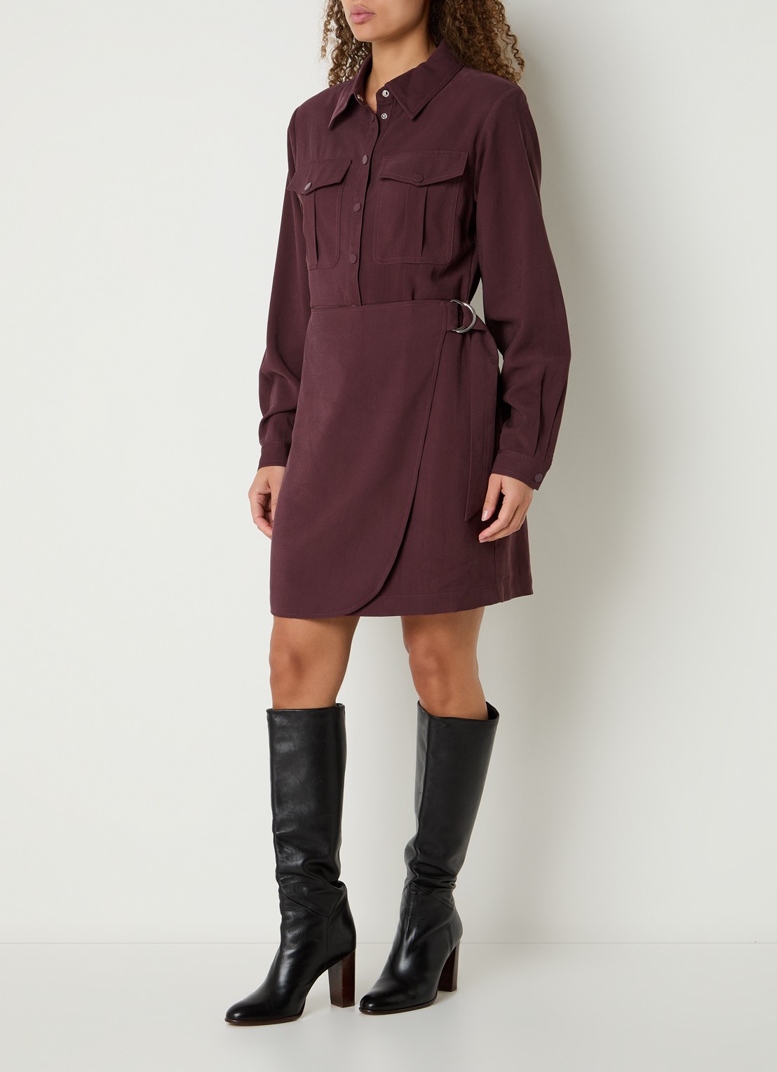 Aaiko Yven mini tuniekjurk met borstzakken - voorkant 2 aubergine