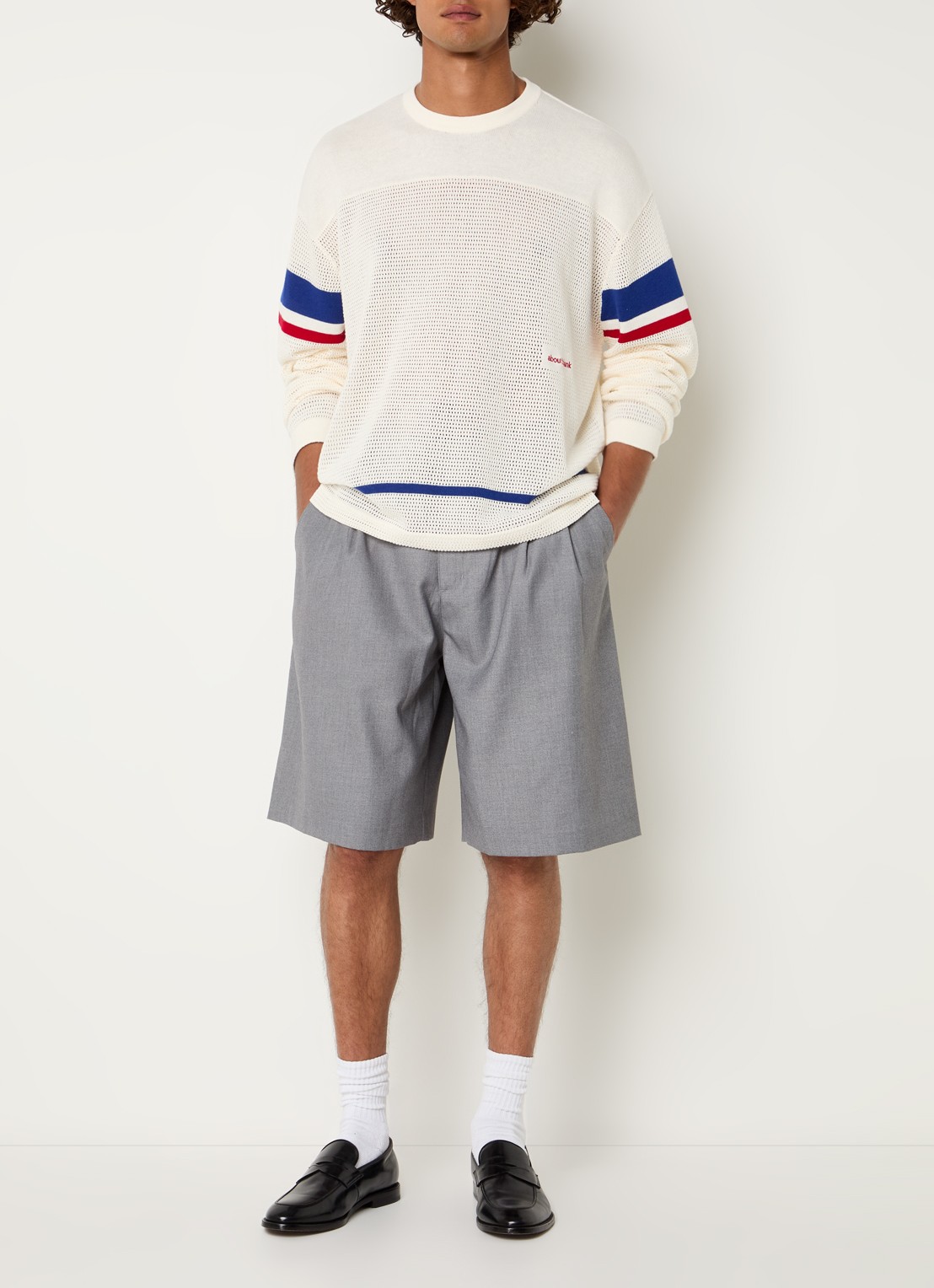 about:blank Pullover met streepprint en opengewerkt dessin  - voorkant 2 gebroken wit