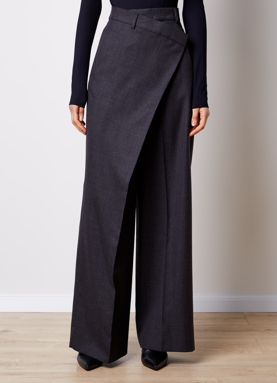 Acne Studios High waist wide fit pantalon in wolblend met overslag  - detail 2 antraciet