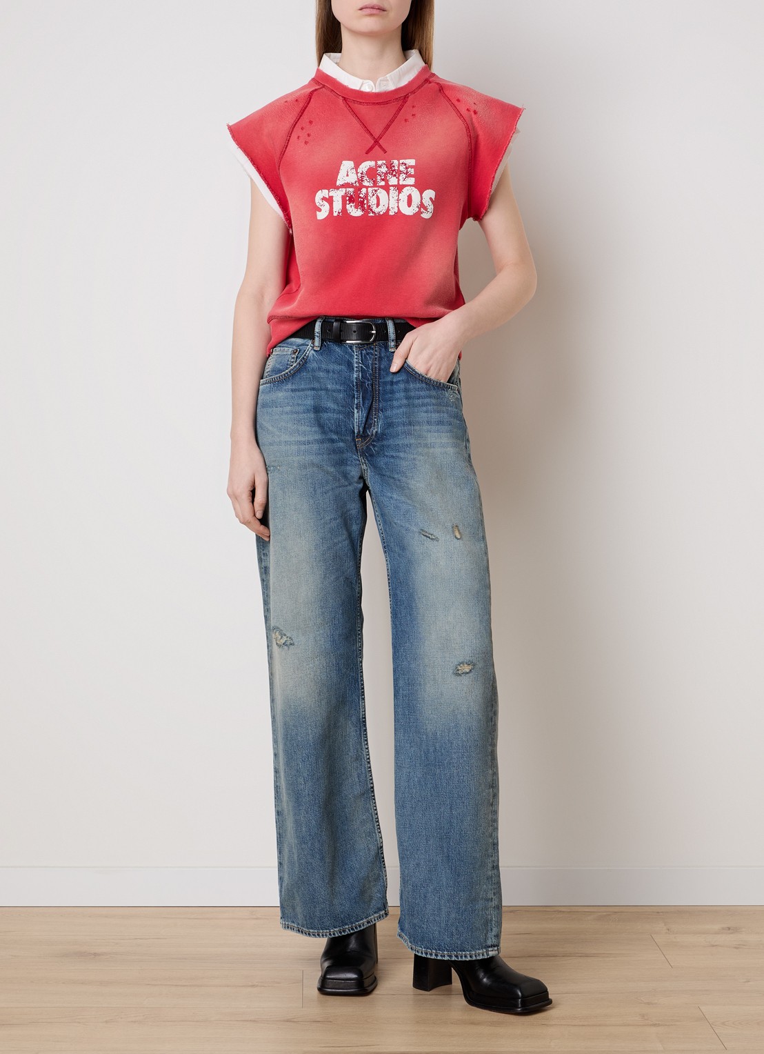 Acne Studios Mouwloze top met logoprint en verwassen afwerking - voorkant 3 steenrood