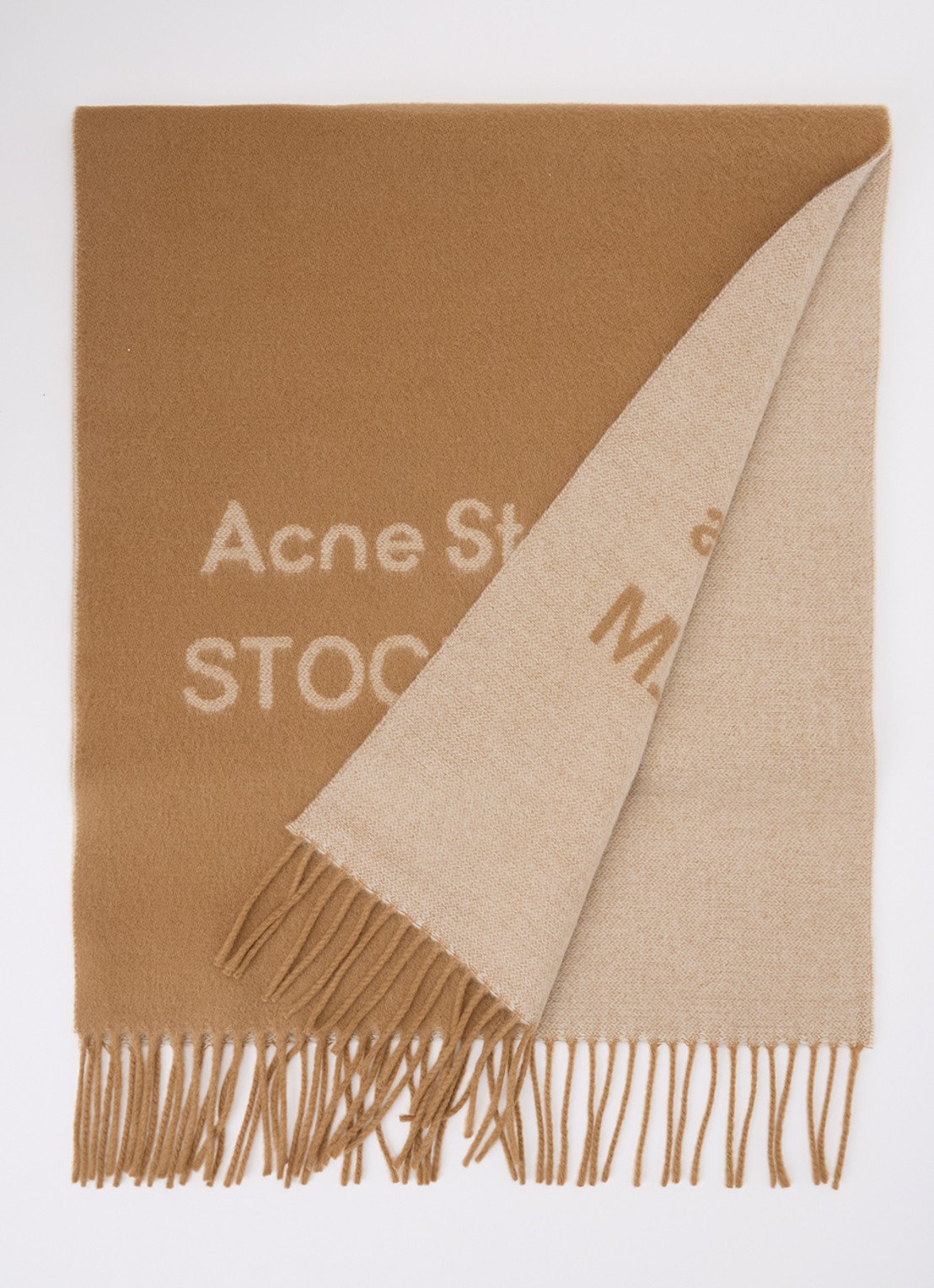 Acne Studios Sjaal van wol met logoprint 180 x 40 cm - voorkant 2 camel