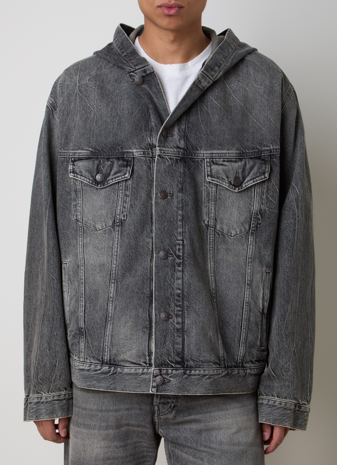 Acne Studios Spijkerjas met capuchon en steekzakken - detail middengrijs
