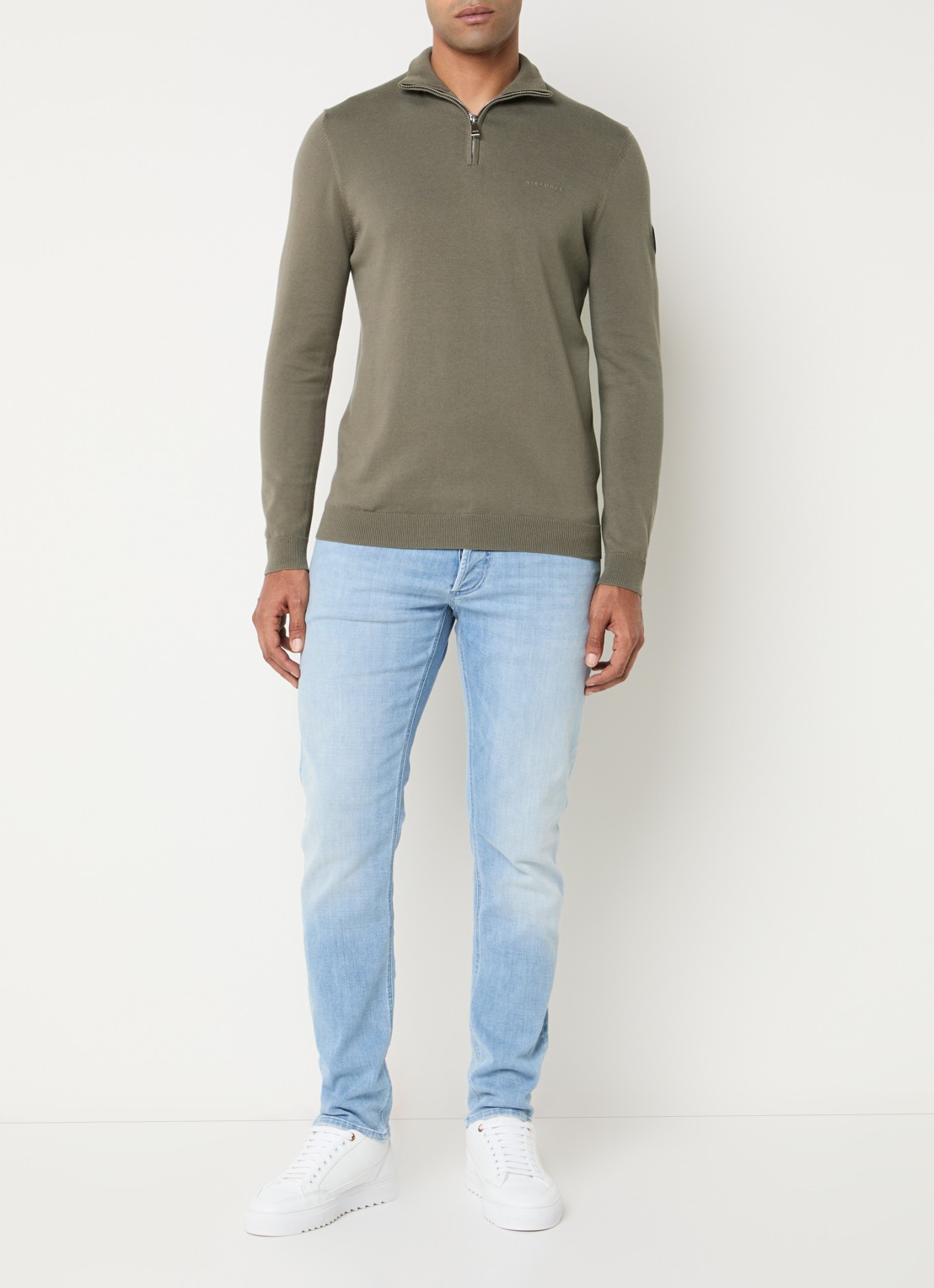 Airforce Fijngebreide pullover met halve rits en logo - voorkant 3 zand