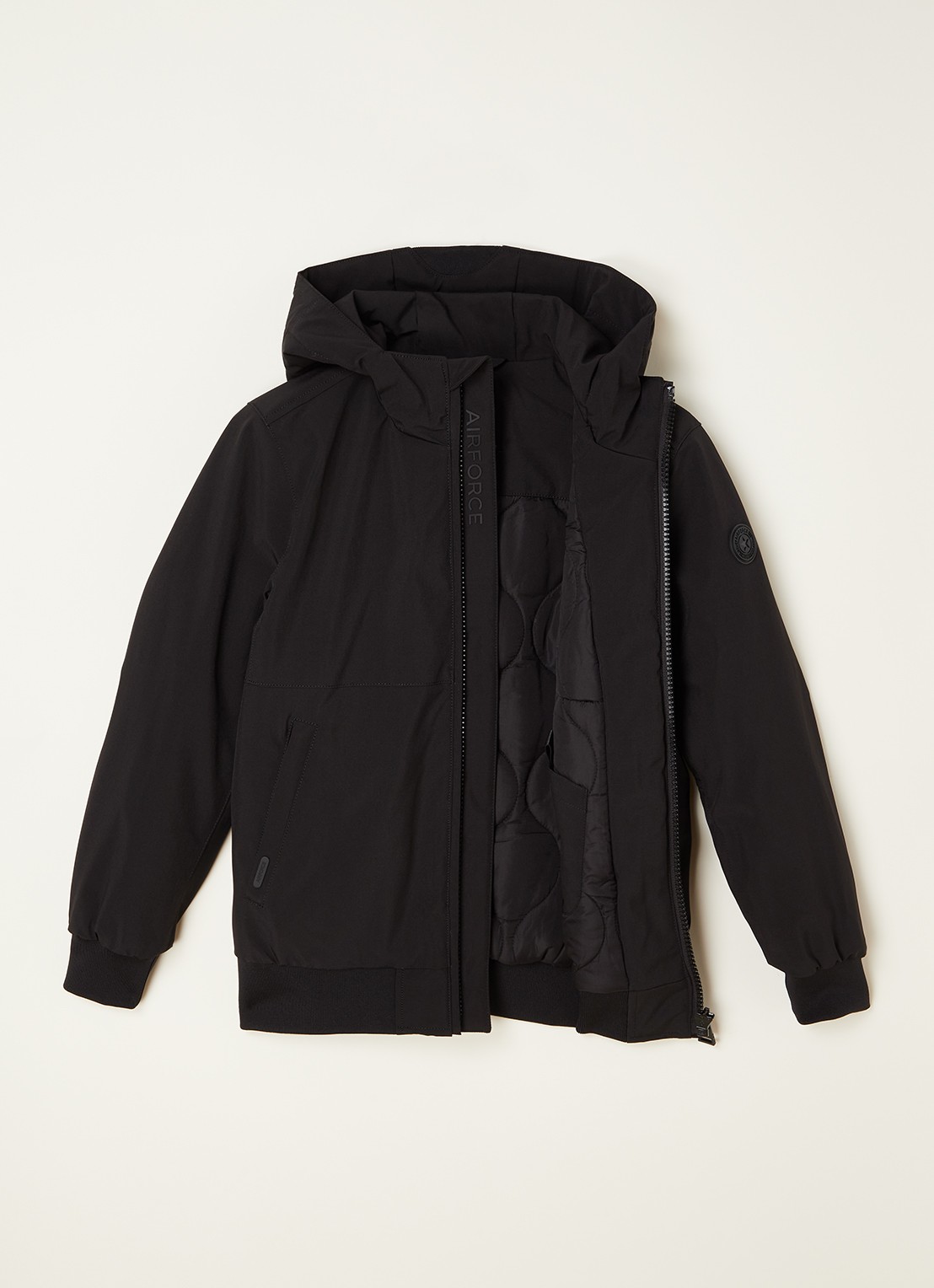 Airforce Gewatteerd bomberjack van softshell met capuchon - voorkant 3 zwart