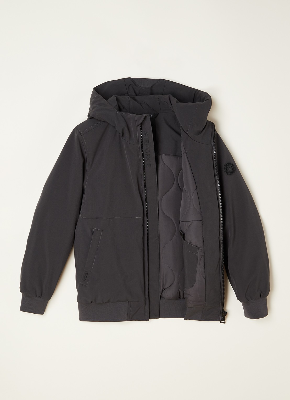 Airforce Gewatteerd bomberjack van softshell met capuchon - voorkant 2 donkergrijs