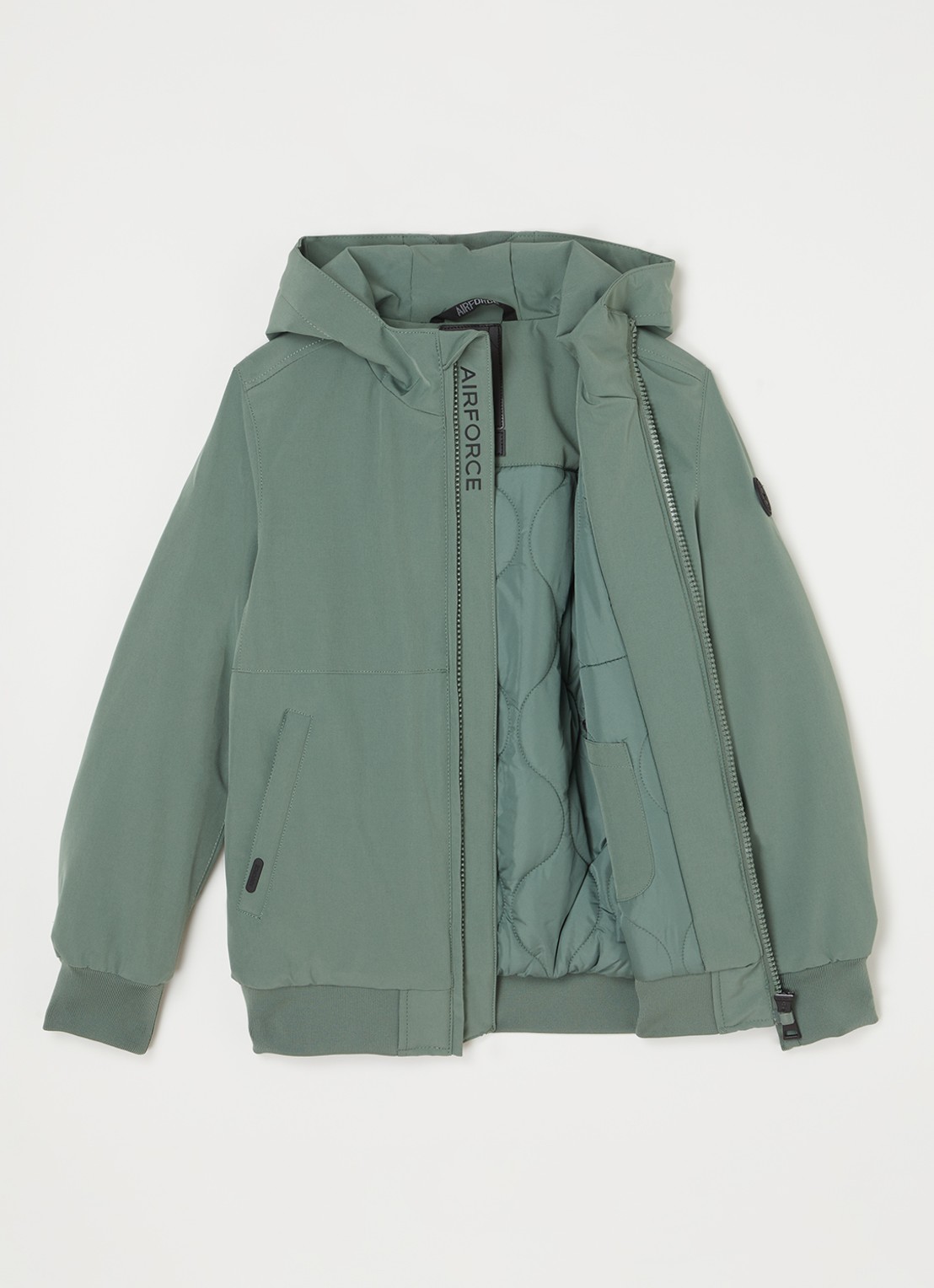 Airforce Gewatteerd bomberjack van softshell met capuchon - voorkant 3 lindegroen