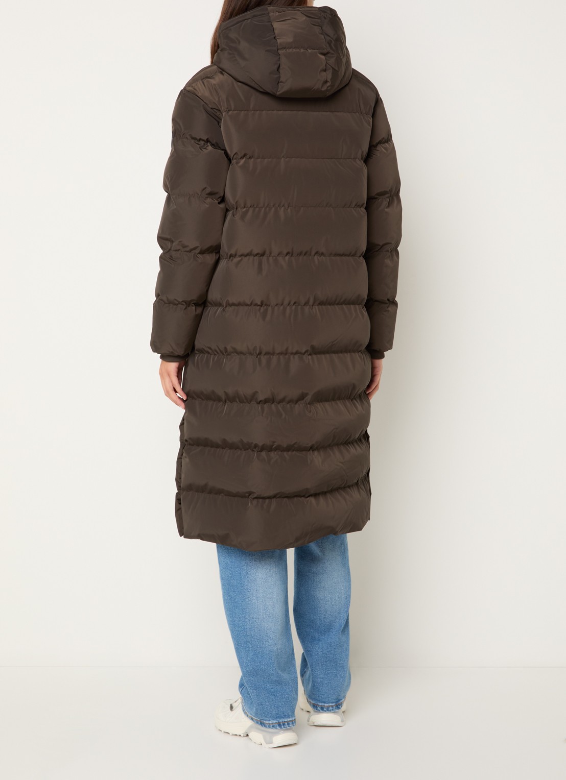 Airforce Grace longline puffer jas met afneembare capuchon - achterkant donkerbruin