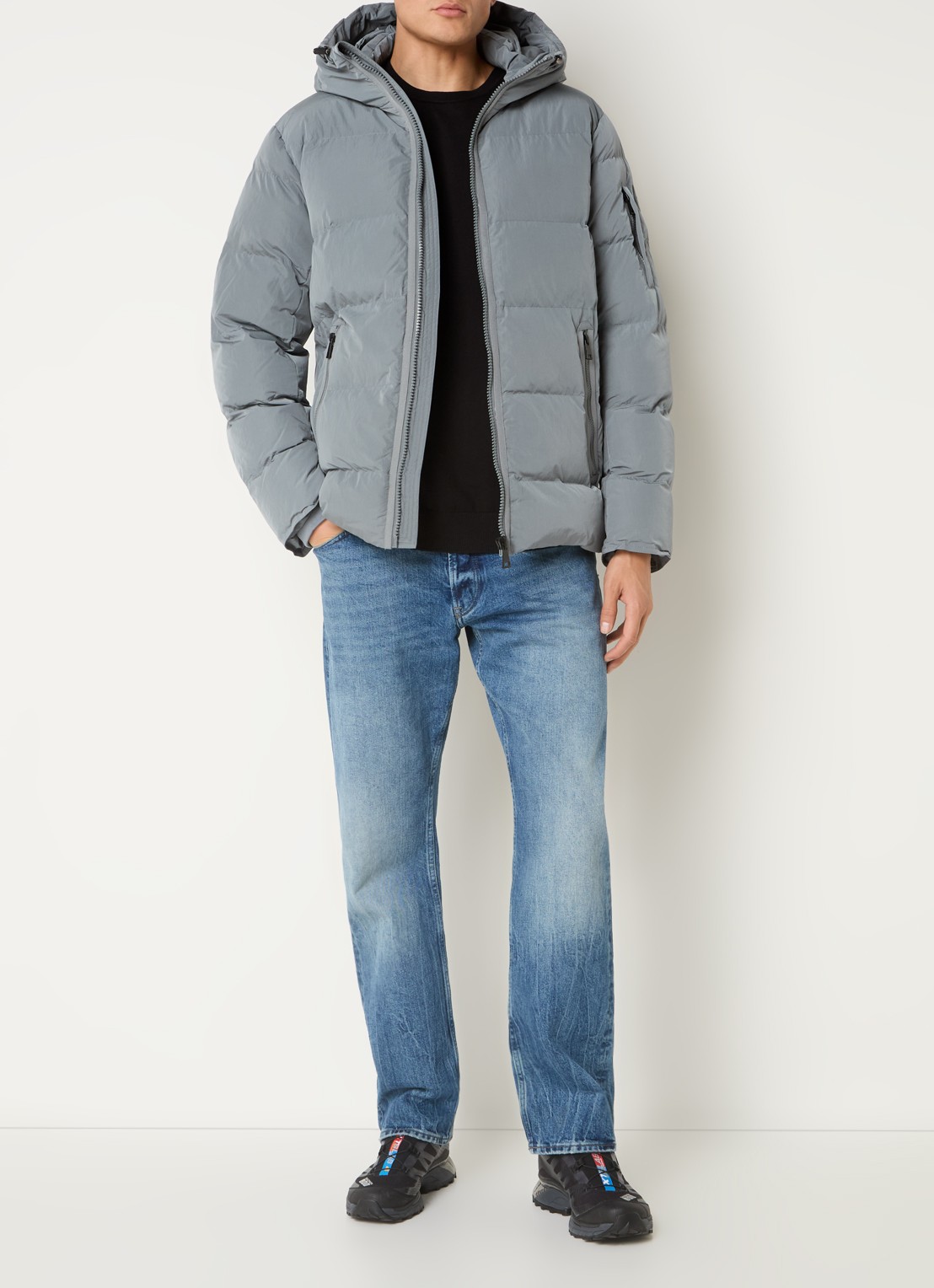 Airforce Morris puffer jack met logo en opbergbare capuchon - voorkant 2 staalblauw