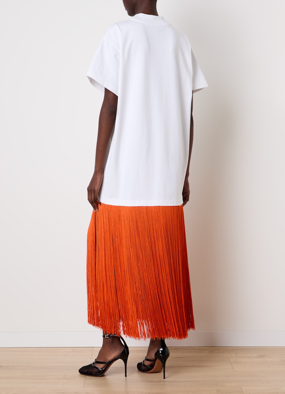Alaïa Maxi jurk met franjes - achterkant oranjerood