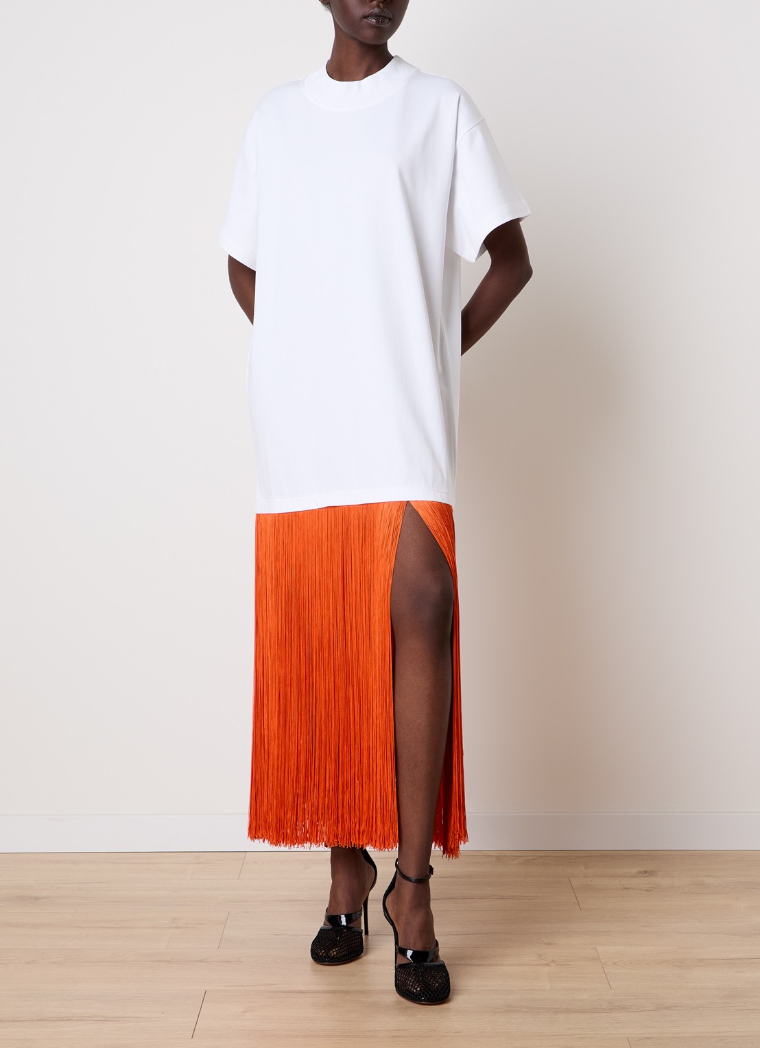 Alaïa Maxi jurk met franjes - detail 2 oranjerood