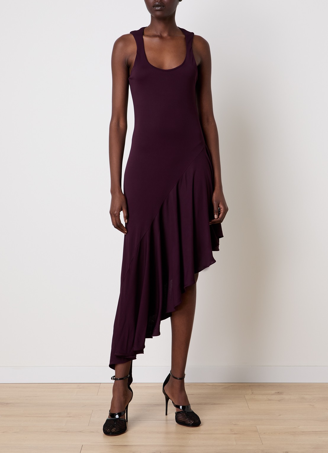 Alaïa Miidi jurk met asymmetrische zoom - detail aubergine